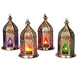 Orientalische Laternen 4 Set Laterne Basem bunt 16cm | 4 x Orientalisches Windlicht aus Metall & Glas als ramadan Deko | Glaslaterne für draußen als Gartenlaterne in Rot - Lila - Grün - Orange