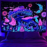 Yrendenge Schwarzlicht Pilz Wandteppich UV Mond Pilze Wandtuch, Fluoreszierend Pflanzen Sternenhimmel Wandteppich Aesthetic Wandbehang für Schlafzimmer Schlafsaal 83 * 59 Inch (210 * 150cm)