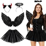 Singtis Teufel Kostüm schwarz Engel kostüm 55x33cm Damen Mädchen, Engelsflügel Tutu Rock Teufelshörner Engel Haarreif Heugabel Zauberstab, Damen Mädchen kostüme Karneval Halloween Fasching Kostüm