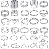 JSTHHTT 31 Stück Ringe Set für Damen Boho Gelenk Fingerringe Knöchel Ringe Stapelbare Offene Daumen Ringe Stapelbare Midi Ringe Set Ringe Frauen Ideal für Geburtstagsfeiern, Abschlussbälle Silber