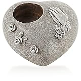 com-four® Grab Dekoration mit Kerzenhalter, Rosen und betenden Händen - Gedenkstein mit Halter für Grablicht - wetterfester Grabschmuck - Trauerstein in Herzform