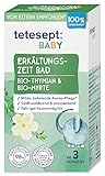 tetesept Baby Erkältungszeit Bad – Badezusatz mit Bio-Thymian und Bio-Myrte für einen befreienden Duft-Effekt – Wohltuende, milde Aroma Pflege für Babys ab 3 Monaten – 100 ml