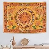 Yugarlibi Brennende Sonne Wandteppich Frühling Blumen Vintage Wandbehang Orange Konstellation Wandteppich für Schlafzimmer Wohnzimmer 210x150cm