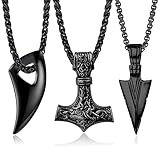 JeweBella 3PCS Wikinger Halskette Herren Thors Hammer Anhänger Edelstahl Mjolnir Wolfszahn Amulett 60cm Kette Silber/Schwarz Nordisch Thors Halskette Wikinger Herren Geschenk Schmuck