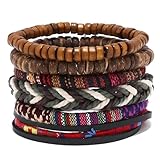 TONAUP Armband Leder Tressé, 6 Stück Bohème Herren Manchette Armbänder Verstellbar, Punk Vintage Armband Perles En Bois Pour Femmes Hommes