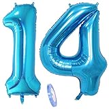 2 Luftballons Zahl 14, Nummer Luftballon Blau Mädchen Junge Jungs,40' Riesen Aufblasbar Helium Folienballon Blue Ballons Figuren für Geburtstag 14.Jahre Kinder Jungen Party Dekoration (xxxl 100cm)