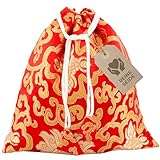 Avanda Beutel/Tasche für Klangschalen bis Ø 15 cm, reine Seide aus Nepal, praktischer Kordelzug, traditionelle Handarbeit, rot-gold