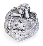 TEMPELWELT® Deko Engel Figur Schutzengel Grabengel Trauernd an Herz 11,5 x 8 cm, Polystein Steinoptik Grau, Dekoengel Grabschmuck Trauerspruch Engelkind Grabstein