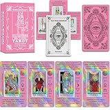 Smoostart Rosa Holografische Englische Tarotkarten mit Bedeutungen, Tarotkartendeck mit Leitfaden für Anfänger, Schlüsselwörter, Element, Planet, Chakra, Ja oder Nein, Numerologie