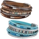 BaiDekun 2 Schmucksets Für Damen, Lederarmband Damen Mit Perlen, Boho Style Armband Set, Western Outfit, Lederketten, 2er Set Kaki Und Blau