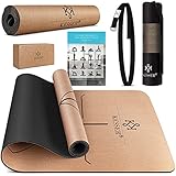 KESSER Yogamatte Kork Inkl. Tragegurt Tasche & Yoga-Block Gymnastikmatte Yoga Matte rutschfest aus Naturkautschuk TPE Fitnessmatte, 183 x 62 Trainingsmatte, Gymnastik extradick, Schwarz