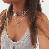 TseenYi Boho-Mehrschichtige Halskette, schlichter, silberner hohler Mond- und Sternanhänger, Vintage-Choker-Halsketten für Frauen und Mädchen