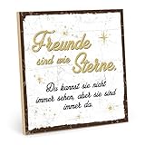 TypeStoff Holzschild mit Spruch – FREUNDE SIND WIE STERNE (weiß-gelb) – im Vintage-Look mit Zitat als Geschenk und Dekoration zum Thema Freundschaft und Nähe - HS-00361