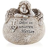 com-four® Grab-Dekoration in Herz-Form mit Engel - Gedenkstein mit Inschrift, Kreuz und Rosen - wetterfester Grabschmuck - Trauerstein mit Gedenkspruch (1 Stück - Engel Du lebst in unseren Herzen)