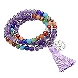 GEHECRST Schmuck 108 Perlen Edelstein Mala Kette Mala Armband 7 Chakra Edelstein Buddha Buddhistische Tibetische Gebetskette Healing Reiki Yoga Kette Halskette mit lebensbaum Anhänger