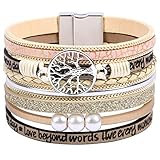 Aucuu Leder Wrap Cuff mit Perlen, Multilayer Baum des Lebens, Handgewebtes Armband mit Magnetschnalle, Boho Schmuck für Frauen - Valentinstag, Muttertag, Geburtstag, Geschenke