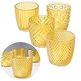 LS-LebenStil 4X Glas Teelichthalter Retro Gelb 7cm 4´er Set Kristall Ornament Teelicht-Gläser Windlicht-Halter Kerzenständer Tischdeko Kerzen Deko Kerzenhalter für Teelichter Hochzeit