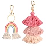 Vesaneae Boho Regenbogen Schlüsselanhänger, Pom Pom Quaste Charm, Makramee Weben Rosa