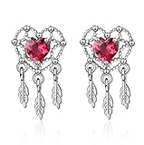 Yikoly Damen Ohrringe Silber 925 Glizter Zirkonia Rot Kristall Herz Traumfänger Anhänger Mode Ohrstecker StudsSchmuck für Töchter Mutter Frau Freundin