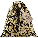 Avanda Beutel/Tasche für Klangschalen bis Ø 15 cm, reine Seide aus Nepal, praktischer Kordelzug, traditionelle Handarbeit, schwarz-god