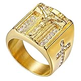 Flongo Herren-Ring Rosenkranz-Ring Männer Ring Daumenring aus Edelstahl Bandring Siegelring Gold Kreuz Kruzifix Jesus Herren-Accessoires Größe 57