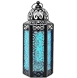 Vela Lanterns Marokkanische Lampenlaterne, dekorativer Kerzenhalter für Innen- und Außenbereich, Heimdekoration, Terrasse, Hochzeiten, schwarzes Metall, blaues Glas, mittelgroß