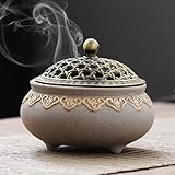 Vintage Keramik Räuchergefäß Weihrauchbrenner Räucherstäbchenhalter Halter Rund Chinesisch Porzellan Räucherschale mit Metall Deckel und Feuerfeste für Home Wohnzimmer Meditationsraum Office Deko