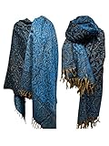 Winterschal aus reiner Yakwolle, mit einzigartigem Design, Blumenmuster, Unisex, doppelseitig, luxuriös, Blau / Schwarz, Fdf, One size