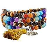 KYEYGWO 108 Gebet Mala Perlen Armband für Damen Herren, 6mm Tibetisch-buddhistischen 7 Chakra Heilstein Halskette für Unisex, Tigerauge Stein