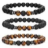 APMGONT 8 mm Perlenarmbänder Set, 3 pcs Perlenarmband Herren mit Schwarzen Lavastein, Naturstein Yoga Perlen Elastische Armbänder Verstellbares Herren Armbänder Set Geschenke für Männer (Tigerauge)