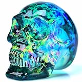 FZBHRO Kristallschädel Kopf Statuen Schädel Figuren K9 Glas Schädel Edelstein Halloween Dekor Geschenke für Frauen Beschichtung Grün Gelb 7,1 cm