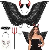 Humairc Halloween Kostüm Damen Teufel Kostüm Schwarz Engelsflügel Teufel Hörner Engel Haarreif Tattoo Halloween Kostüm für Damen