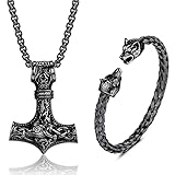 JeweBella Thors Hammer Halskette Wikinger Wolfskopf Armbänder Set für Herren Männer Mjolnir Edelstahl Halskette Armbänder Manschette Odin Anhänger Thors Halskette Wikinger Herren Schmuck