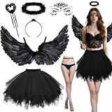 Schwarzer Engel Kostüm Damen, 6 Stück halloween engel kostüm mit 80C schwarze engelsflügel Heiligenschein Tüllrock Zauberstab Strumpf, Engel und Teufel Kostüm für Karneval Halloween Fasching Frauen