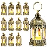 12er Set Laterne Gold Hochzeit Tischdeko, Mini Laterne zum Aufhängen, Laterne Vintage mit LED Kerzen für Party Deko, Weihnachten, Ramadan, Garten, Balkon, Outdoor, Orientalische