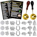 DPKOW 21 Silvester Zinngießen Bleigießen Set, Zinnfiguren und 2 Löffeln Anleitung Orakelheft, Silvester Spiele Neujahrsgeschenke Glücksschwein Kleeblatt Hufeisen Wachsgießen Silvester Blei Gieß Set
