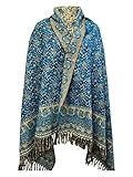 Schal, Wolle, weich, warm, Winterschal, Blumenmuster, handgefertigt, luxuriös, Dekoration, Übergröße, wendbar, Blau / Beige, blau, One size
