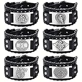 Finrezio 6 Stück Leder Armband Herren Viking Vintage nordisches Vegvisir für Männer Punk Breites Lederarmband Wikinger-Schmuck Nordisches Armband Celtic Pagan Amulett Armbänder