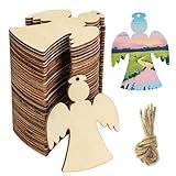 40 Stück Holzengel Klein, Engel Holz Engel Deko, Schutzengel Holzanhänger zum Bemalen, Unbehandelte Holzscheiben zum Basteln für DIY Handwerk Schnitzen Laser Gravur Malen, mit 5M Juteseil