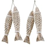 WANGCL 4 Stück Holz Fisch Dekoration Ornament Hängend Handgeschnitzt Wandkunst für Zuhause Innen Außen Terrasse Veranda Büro Nautische Wand Strand Thema (S)