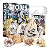 Byncceh Geoden zum Aufbrechen – 4 aufbrechbare Geoden mit Schutzbrille, Lernhandbuch, Lupe & Aufbewahrungstasche – Wissenschaftsset für Kinder