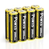 POWXS AA-Batterien Wiederaufladbar 2800mAh 8 Stück - AA Akku NIMH Selbstentladung Hohe Kapazität, 1,500 Zyklen 1,2v Geringe Ohne Memory Effekt Aufladbare Batterien