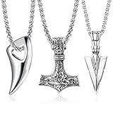 JeweBella 3PCS Wikinger Halskette Herren Thors Hammer Anhänger Edelstahl Mjolnir Wolfszahn Amulett 60cm Kette Silber/Schwarz Nordisch Thors Halskette Wikinger Herren Geschenk Schmuck