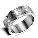 Flongo Kreuz Bibel Herren Ring: Spanische Bibel Gravur Amulett Schutz Christlich Religiös Daumenring Silber Ton Verlobung Bandring Siegelring Spanisch Bibel Kreuz Rosenkranz Ringgröße 65