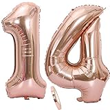 2 Luftballons Zahl 14, Nummer 14 Luftballon Rosegold Mädchen,40' Aufblasbar Helium Folienballon Roségold Ballons Figuren,Riesen ballon für Geburtstag Party Dekoration, Abschlussball (xxxl 100cm)