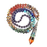 GEHECRST Schmuck 108 Perlen Mala Kette 7 Chakra Kette mit Hexagon Spitze Anhänger Chakra Steine Kette Wickelarmband Gebetskette Healing Reiki Yoga Kette Halskette