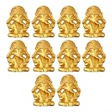 Elefant Ganesha Statue Harz Figur Meditation Dekor Religiöse indische Skulptur Gold Handgefertigte Kunstsammlung Kleine Größe 3,1 x 2,4 cm 10 Stück Set für Wohnzimmer Büro Zuhause Interieur