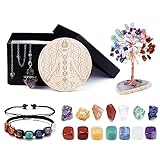 JSDDE 18 Stück Heilsteine Set Lebensbaum, Chakra Armband, Pendel, Chakra-Muster Holzplatte, Chakra Steine Glücksbringer Dekoration für Kristalltherapie, Meditation, Reiki