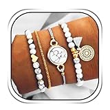 Edary Armband-Set mit Quasten, weißes Marmor-Armband, mit Herz, Perlen-Handkette, verstellbar, für Damen und Mädchen (4 Stück)