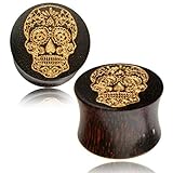 Chic-Net Tamarindenholz Plug golden Lasergravur Calavera Schädel Mexico Tunnel Expander Tribal 06 mm